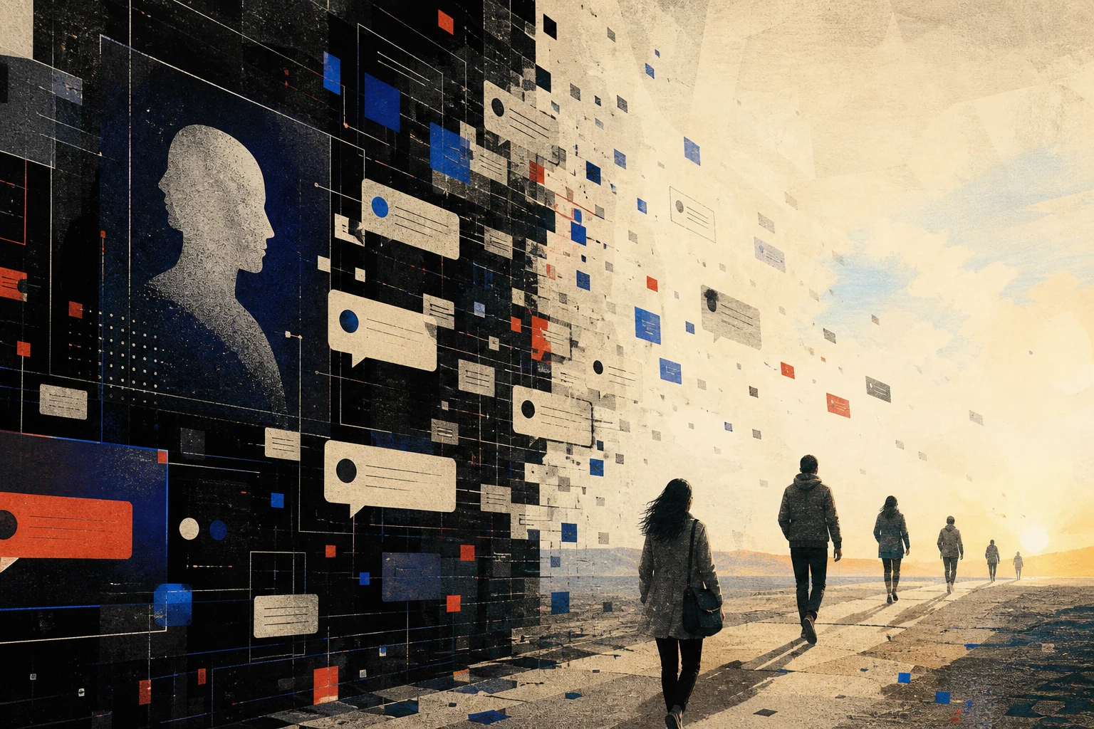 People walking from a dense wall of conversation windows toward daylight